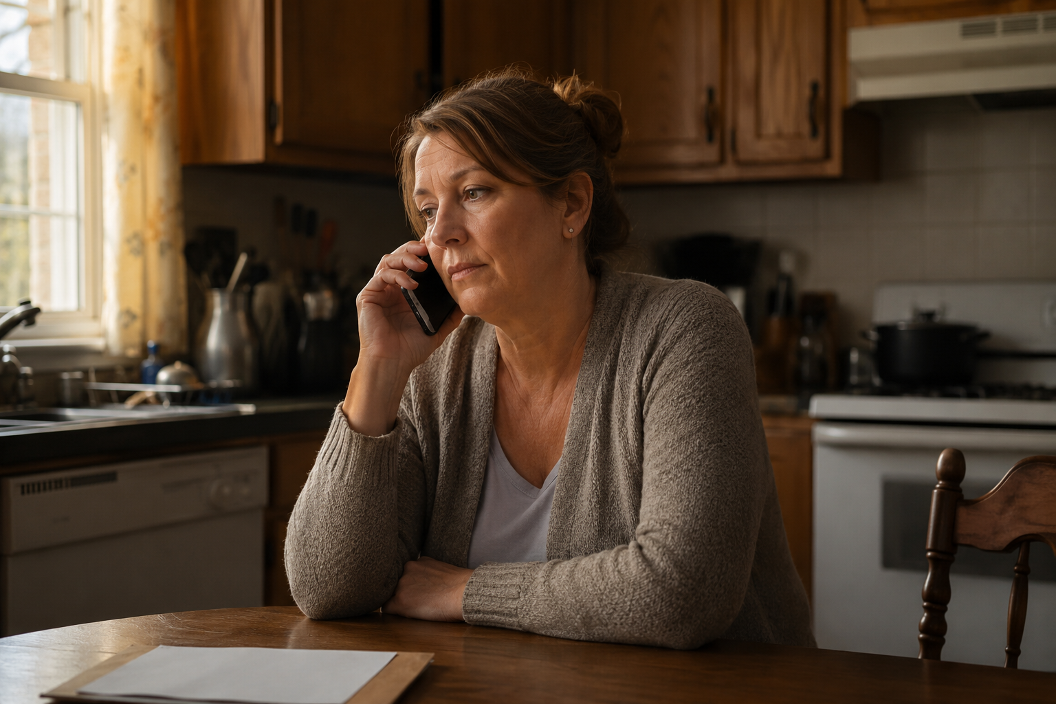 A homeowner making her first call from her kitchen table