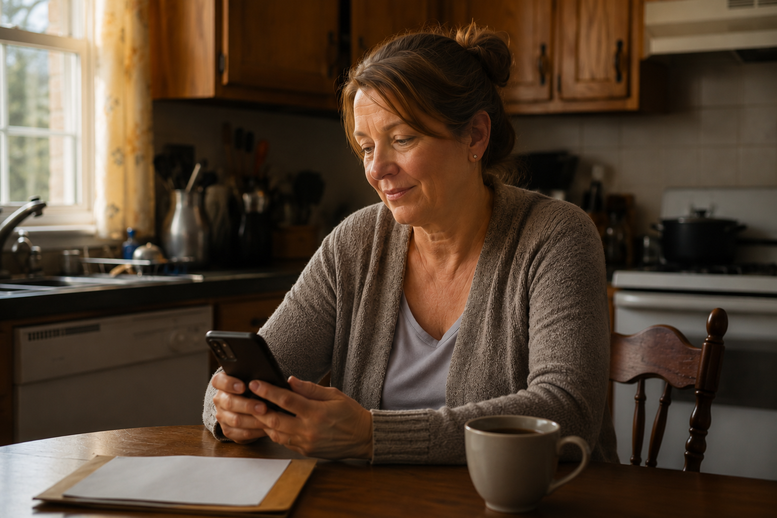 A homeowner reviewing her cash offer on her phone
