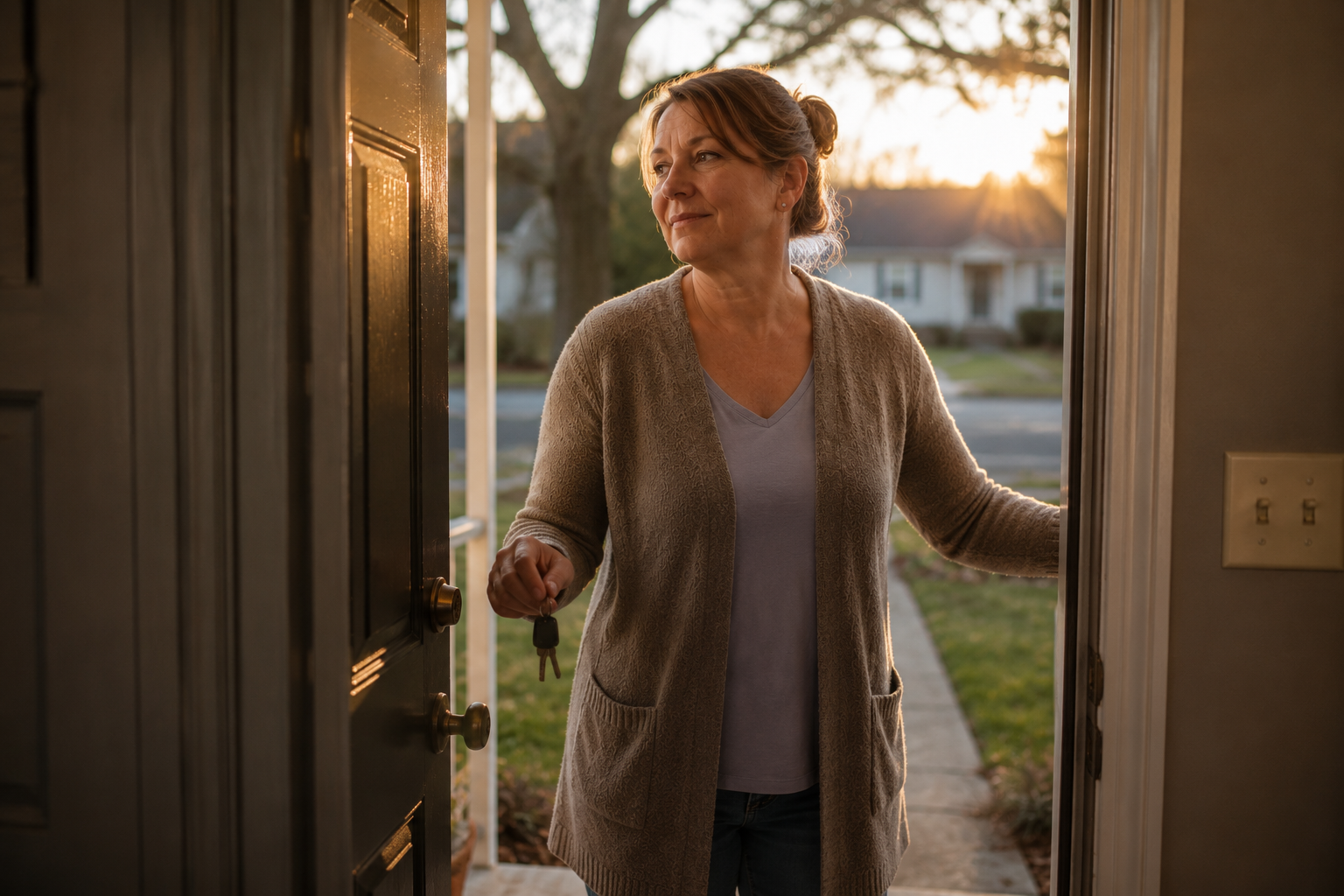 A homeowner stepping out her door at golden hour, ready for a fresh start
